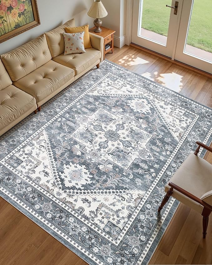 Washable Area Rug-12X15 Vintage Neutral Soft Blue | Non Slip Thin Foldable Large Floor Carpet for Living Room Bedroom Kitchen Dining Room Home Office Farmhouse Indoor