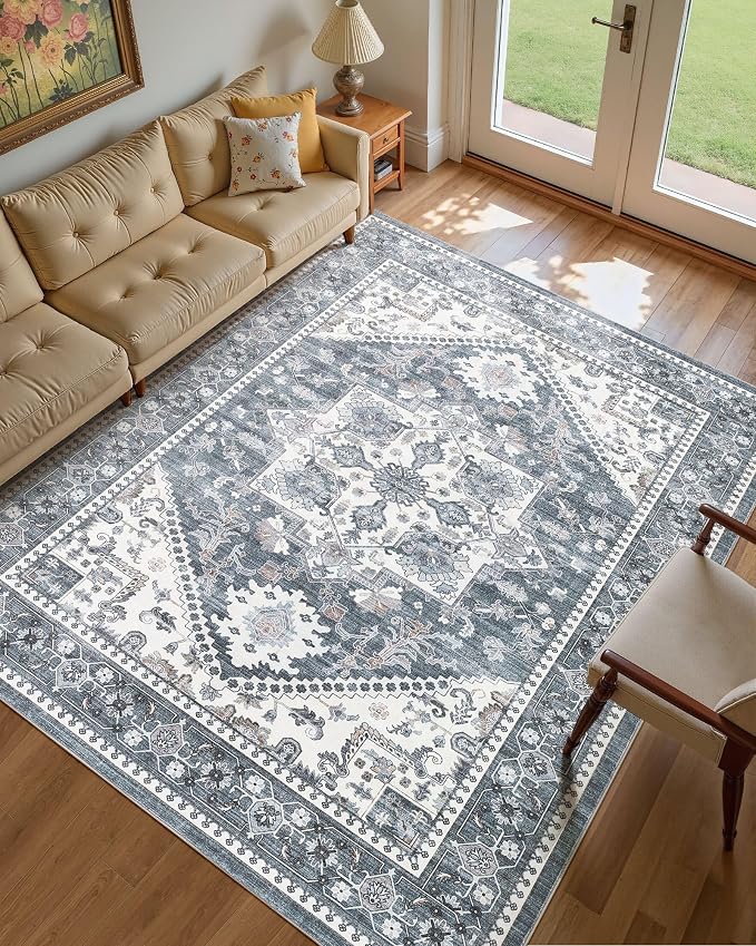 Washable Area Rug-5X7 Vintage Neutral Soft Blue | Non Slip Thin Foldable Large Floor Carpet for Living Room Bedroom Kitchen Dining Room Home Office Farmhouse Indoor
