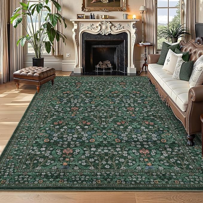 GarveeHome Dark Green Floral 8x10 Washable Area Rug Living Room Bedroom | Vintage Stain Resistant Rugs for Large Room Low-Pile Non-Slip Carpet Soft Stain Resistant Botanical Boho Rug TPE Backing