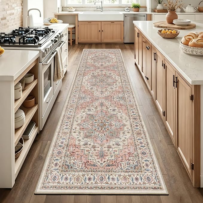 3x10 Vintage Runner Rug Low Pile Non-Slip Washable Hallway Rug | Retro Distressed Print Rug Non-Shedding Beige Pink Carpet Stain Resistant Long Rug for Hallway Kitchen Bedroom Laundry Room
