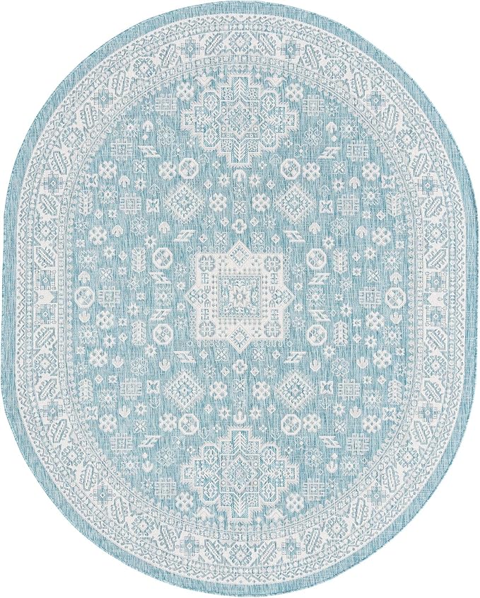 Unique Loom Outdoor Aztec Collection Area Rug - Chalca (7' 10" x 10' Oval, Aqua/ Ivory)