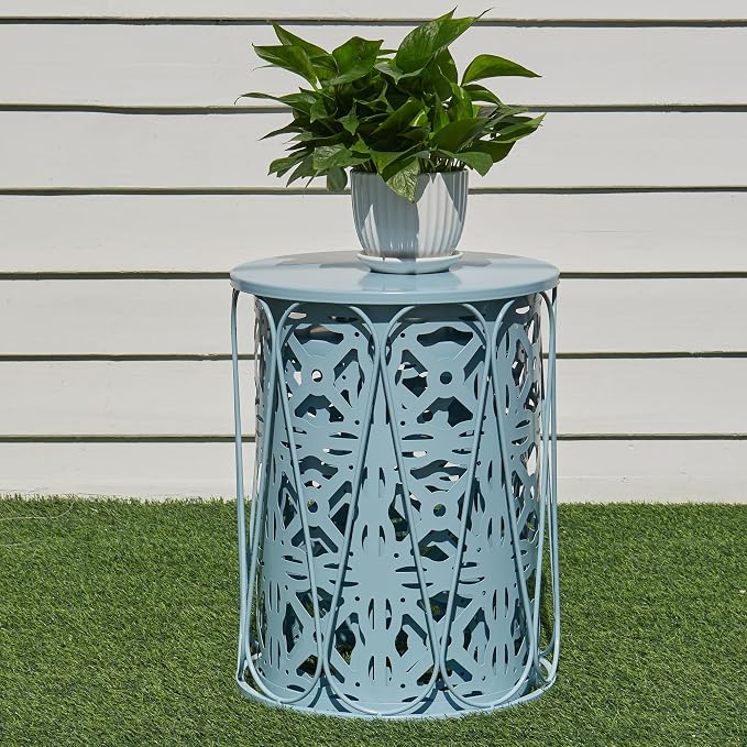 Y&M Outdoor Side Tables Set of 3, Round Metal Stacking Patio Side Tables, Indoor & Outdoor End Tables, Decorative Garden Stool Plant Stand for Patio, Garden, Balcony, Porch, Light Blue