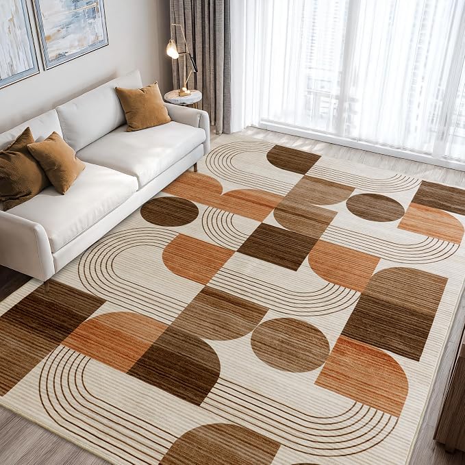 Soft Modern Geometric Abstract Large Machine Washable 4x6 Area Rug | Orange Rugs for Bedroom Living Room, Non-Shedding Faux Wool Indoor Throw Floor Carpet for Office Entryway Dining Room Decor