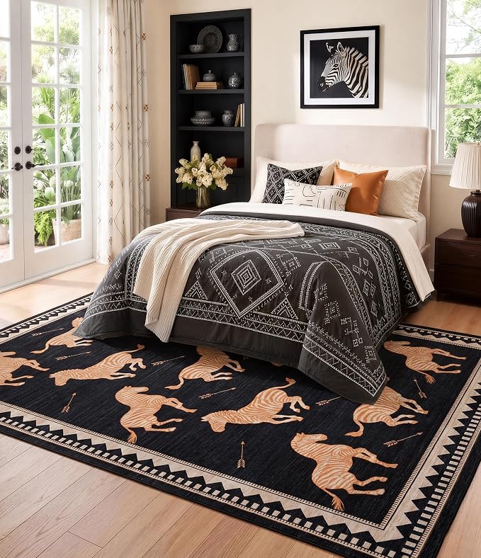 YIHOUSE Black and Gold Zebra Area Rugs 5×7, Washable Animal Print Rug with Geometric Border, Non-Slip Low Pile Mid-Century Modern Carpet for Living Room, Bedroom, Dining Room