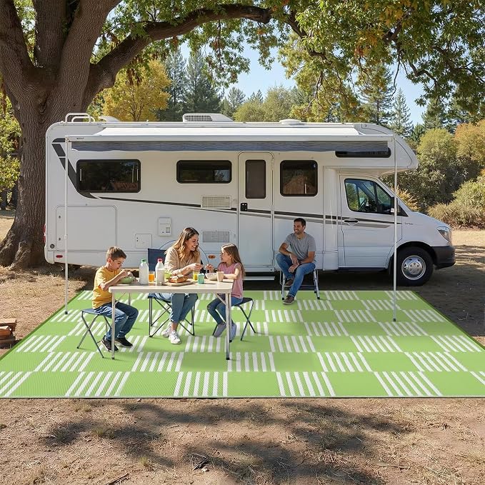 Garvee Waterproof Outdoor Rug 6x9, Checkered Foldable Plastic Straw Patio Camping Rug, Outdoor RV Carpet for Deck Camper Porch Balcony Backyard Picnic Beach Green and White