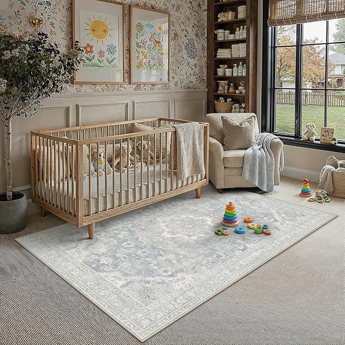 Blue Area Rug 3x5 Entryway Vintage Floral Non-Slip Carpet | Machine Washable, Soft, Low Pile, for Bedroom, Dining Room, Kids Room, Nursery, Office, Retro Neutral Decor