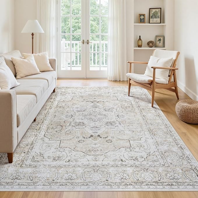 5x7 Washable Area Rugs for Bedroom Beige White Non-Slip Rug | Vintage Medallion Rug，Soft Low Pile Large Rugs，Indoor Retro Carpet for Bedroom Nursery Dining Table Farmhouse Home Office