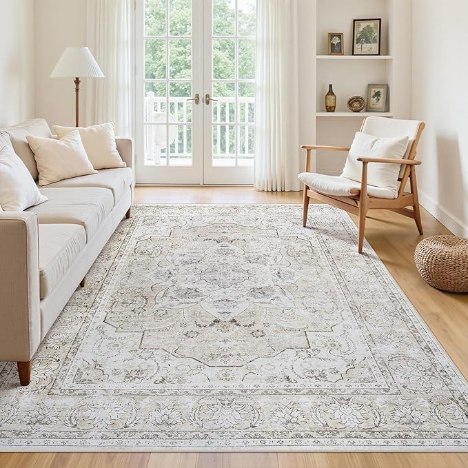 6x9 Washable Area Rugs for Living Room Beige White Non-Slip Rug | Vintage Medallion Rug，Soft Low Pile Large Rugs，Indoor Retro Carpet for Bedroom Nursery Dining Table Farmhouse Home Office
