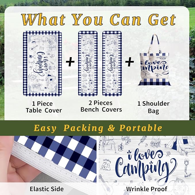 Picnic Table Cover with Bench Covers Elastic,Fitted Table Cloths for Rectangle Tables 6 Foot Washable,Waterproof Tablecloth for Outdoor Camping Essentials (Blue Checked, 6 Foot)