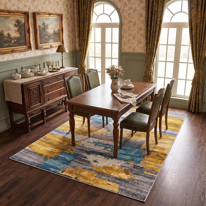 6x9 Blue and Gold Abstract Brushstroke Area Rug for Living Room | Soft Low-Pile Machine-Washable Rug with Non-Slip Backing for Bedrooms, Dining Rooms and Home Offices, Designed for Easy Care
