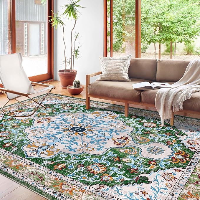 U'Artlines Boho Vintage Area Rug 9x12 Machine Washable Carpet, Green | Low Pile, Non Slip, Ultra-Thin Soft Floor Carpet, Accent Rug for Living Room Bedroom Dining Room Office