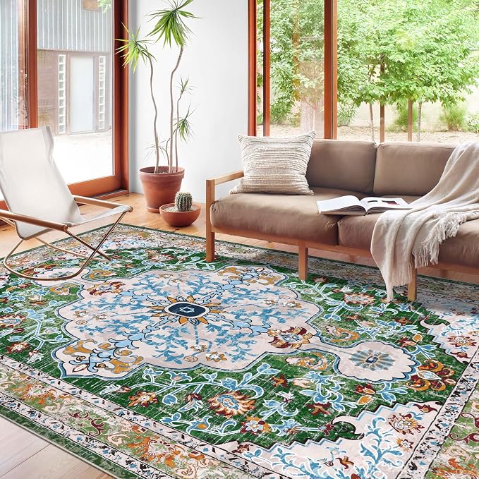 U'Artlines Boho Vintage Area Rug 8x10 Machine Washable Carpet, Green | Low Pile, Non Slip, Ultra-Thin Soft Floor Carpet, Accent Rug for Living Room Bedroom Dining Room Office