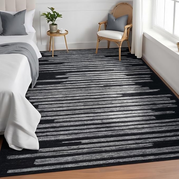 GarveeHome Washable Area Rug 4x6 Modern Non Slip Rug for Living Room Dorm | Stain Resistant Low Pile Carpet Perfect for Bedroom Kitchen Hallway Home Office, Black