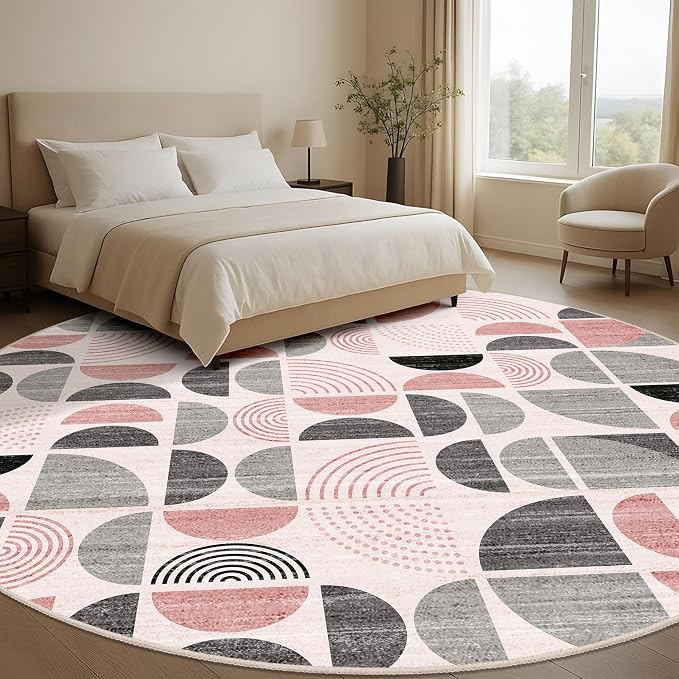 Round Rugs 9ft,Circle Area Rug Washable Non Slip Modern Abstract | Circular Rugs for Living Room Dining Room Large Boho Throw Carpet Soft Low Pile Floor Indoor Bohemian Pink and Grey