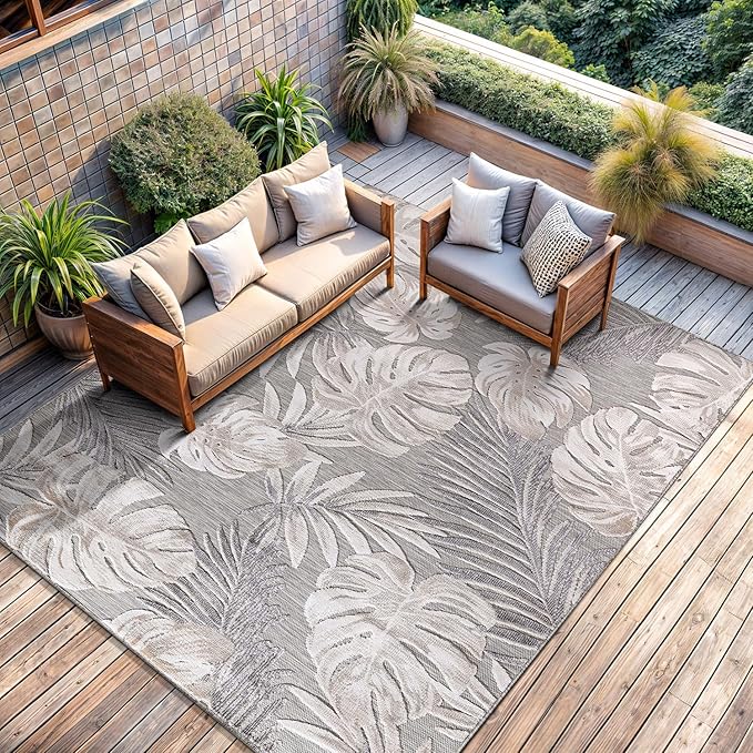 CAMILSON Indoor Outdoor Rug, Beige 5x7 Leaf Tropical Botanical Area Rugs for Indoor and Outdoor patios, Easy-Cleaning Non-Shedding Living Room, Garden and Kitchen Washable Outside Carpet (5 x 7)