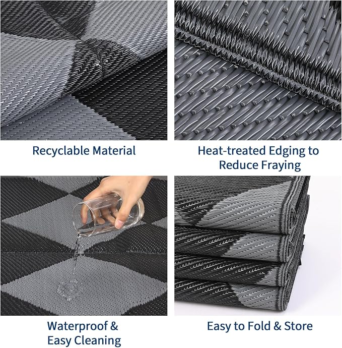 Garvee 8x10 Outdoor Rug Waterproof Plastic Straw Rug Checkered Black | Outdoor Patio Rug, Reversible, Easy Clean, Foldable, Lightweight Large Area Rugs for Porch Backyard Camping RV Beach Balcony