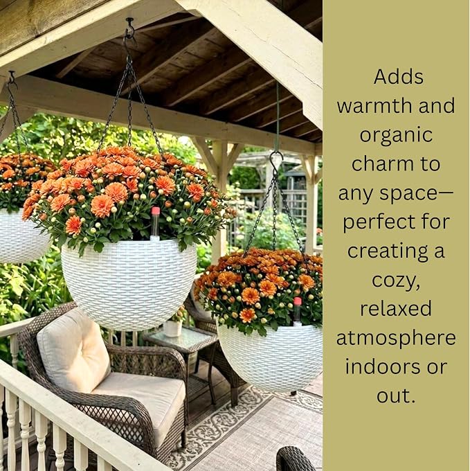 LaLaGreen Indoor Hanging Planter (11 Inch, 2 Pack) Self-Watering Round Flower Pot with Water Level Indicator, White Rattan Style Hanging Basket on Metal Chain for Balcony, Porch, Patio, Garden Decor