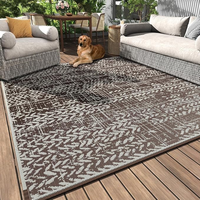 MontVoo Outdoor Rug Waterproof-Patio Rug Mat 6x9 Outdoor RV Camping Picnic Beach Mat Plastic Straw Rugs Outside Outdoor Area Rugs for Balcony Deck Backyard Brown