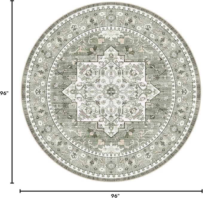 Washable Area Rug-8X8 Vintage Neutral Soft Green | Non Slip Thin Foldable Large Floor Carpet for Living Room Bedroom Kitchen Dining Room Home Office Farmhouse Indoor