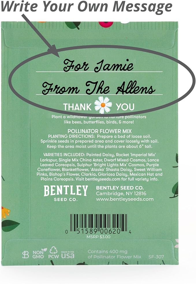Bentley Seed Co. Thank You Packet - Pollinator Flower Mix - 25 Seed Packets - Perfect Eco-Friendly Thank You Gift - Non GMO Seeds, Green