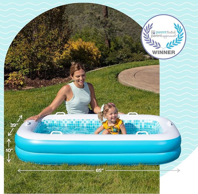 3-in-1 Premium Inflatable Kiddie Pool, Ball Pit & Tanning Pool, Soft Cushioned Floor, Handles, Drain, Shallow Rectangular Blow Up Swimming Pool for Kids, Small Backyard Tanning Pool - 65"x39"x10"