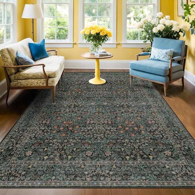 Washable Vintage 5x8 Living Room Rug, Dark Green Floral Area Rug for Bedroom Under Bed, Dining Room Under Small Dining Table, Office - Oriental Low Pile Non Slip & Stain Resistance (5x8 Dark Green)