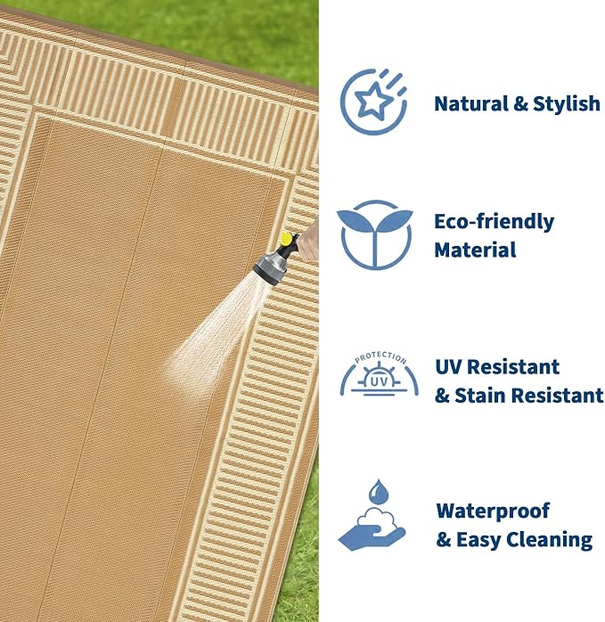 Garvee Outdoor Rug 9x18 Reversible Plastic Straw Patio Rug Border Beige | Reversible, Waterproof, Foldable, Easy Clean, Lightweight Floor Cover for Backyard Camping Porch RV Beach Balcony Deck Picnic