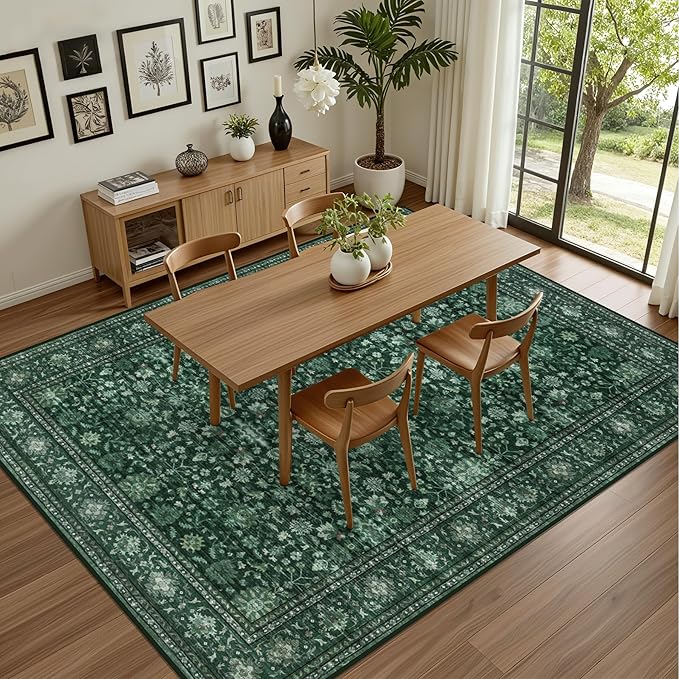 3x5 Area Rugs Living Room: Washable Rug for Bedroom Deep Green | Boho No Slip Stain Resistant Rug Soft Indoor Decor Floor Floral 3x5 Area Rugs for Dining Room, Nursery, Hallway, Home Office