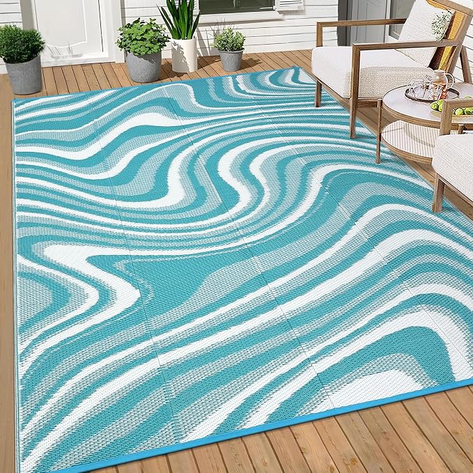 Garvee Large Modern Outdoor Rug 9x12 Patio Rugs Outdoor Waterproof Reversible Plastic Straw Camping Rug, Abstract Outside Rugs for Picnic Backyard Deck Balcony Porch Beach Trailer, Light Blue