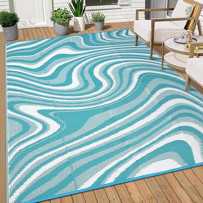 Garvee Large Modern Outdoor Rug 9x12 Patio Rugs Outdoor Waterproof Reversible Plastic Straw Camping Rug, Abstract Outside Rugs for Picnic Backyard Deck Balcony Porch Beach Trailer, Light Blue