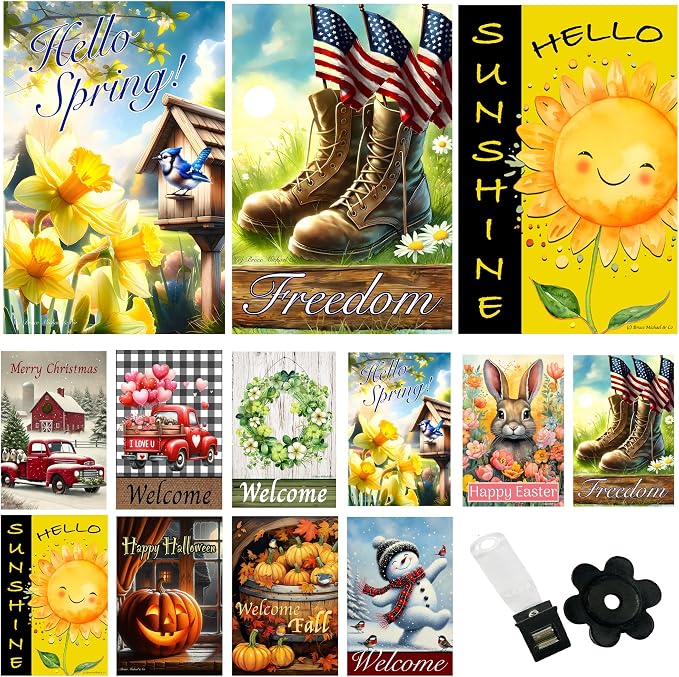 Seasonal Garden Flags Set of 10 for Outside, Yard Flags 12x18 inch Double Sided, Outdoor Small Garden Spring Summer with Anti-Wind Clip and Stopper, Holiday Lawn Decorative Decor Fall