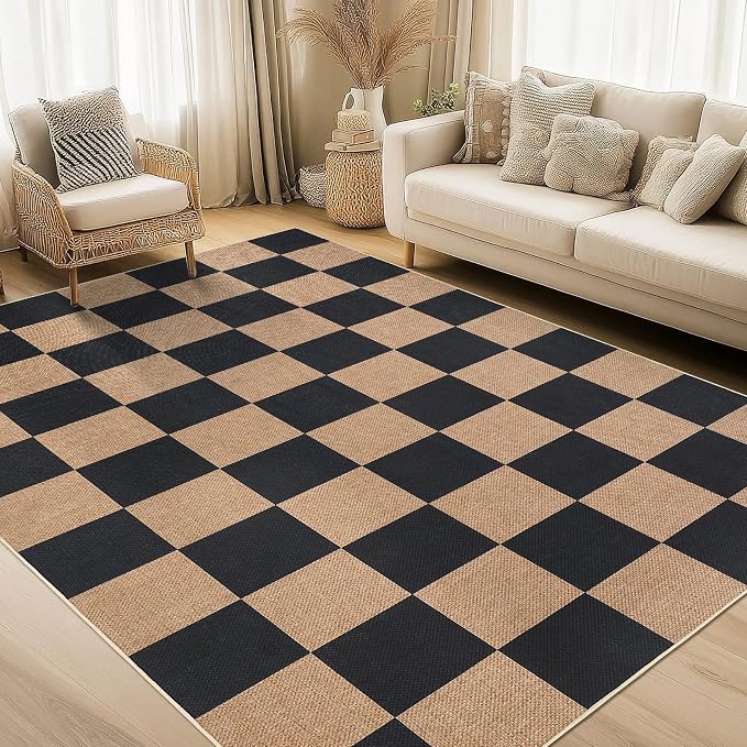 Garvee Easy Jute Outdoor Rug 5x7 Washable Modern Checkered Rugs，Black/Brown | Living Room Non-Slip Farmhouse Checkered Outdoor Mat Neutral Floor Carpet for Bedroom Patio Dining Room Backyard