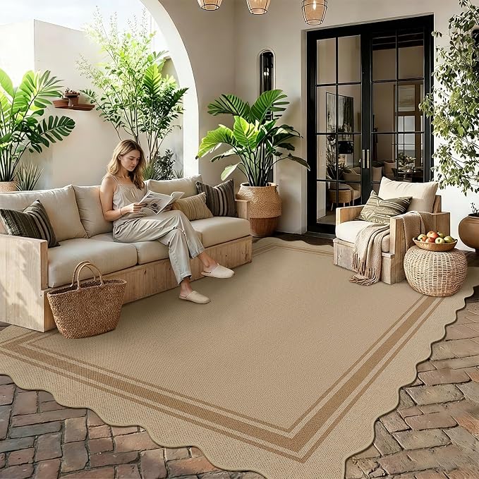 6x9 Scalloped Rug Easy Jute Washable Outdoor Patio Rug for Living Room Indoor Outdoor Tan Geometric Neutral Carpet for Backyard Patio Dining Room