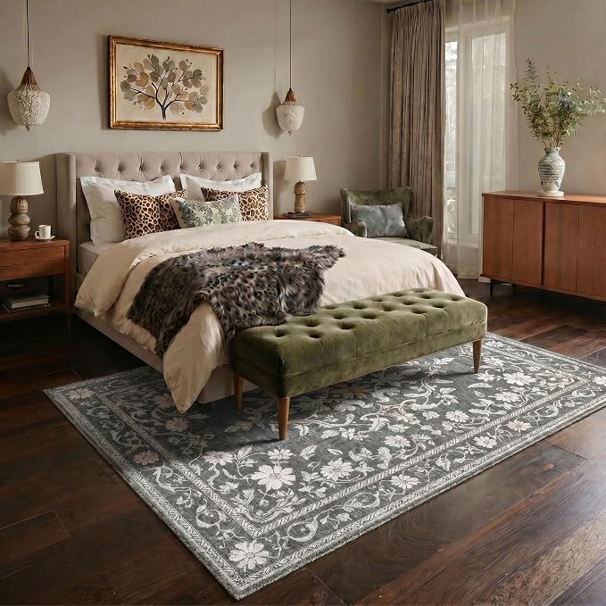 5X7 Area Rug for Living Room, Washable Boho Floral Non Slip | Easy Care Faux Wool Rug for Bedroom Dining Room, Charcoal Gray Vintage Floral Rug, Non-Shedding, Vacuum Friendly, Thin Indoor