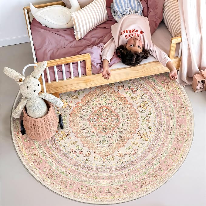 Round Area Rugs 4ft Washable,Pink Rug for Living Room Bedroom | Circle Boho Vintage Bohemian Distressed Farmhouse Carpet Non Slip for Dining Room,Blush Floral