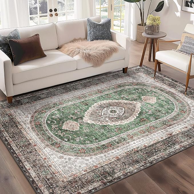 Green Rug 3x5,Washable Area Rugs for Bedroom Living Room Entryway | Small Boho Vintage Bohemian Distressed Oriental Non Slip Carpet