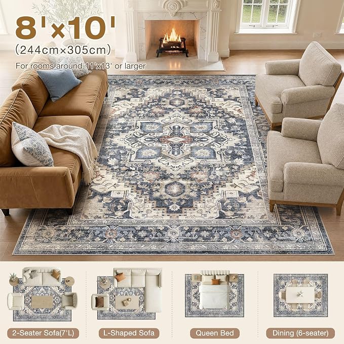DTICON Vintage Washable 8x10 Area Rug Living Room Rugs, Blue | Boho Distressed, Pet & Kid Friendly, Non-Slip Backing, Soft Polyester, Low-pile Carpet for Living Room, Bedroom, Dining Room