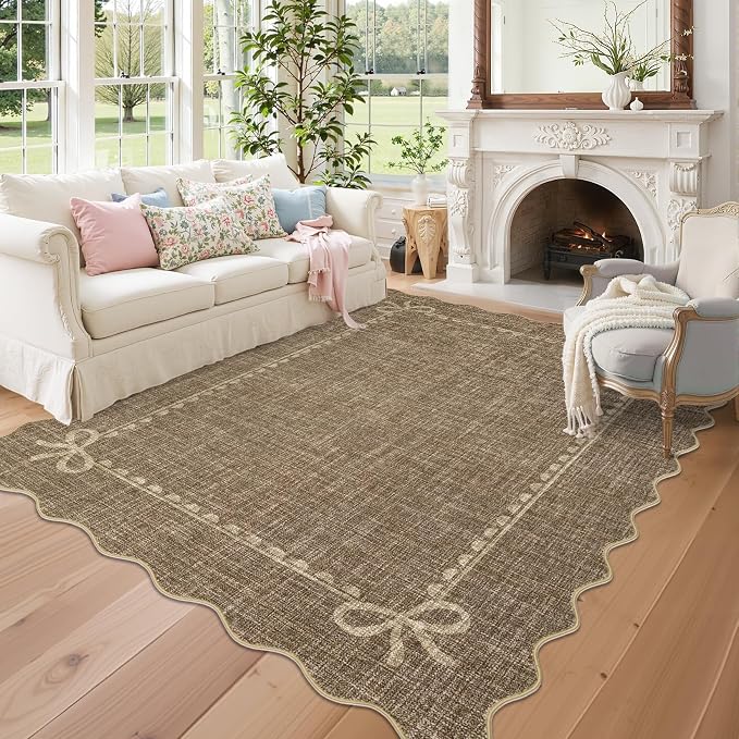 COZYLOOM Scalloped Rugs for Living Room 5x7 Bow Washable Area Rugs, Brown | Rubber Backing Non Shedding Low Pile Bordered Stain Resistant Soft Mats for Nursery Dining Room Bedroom