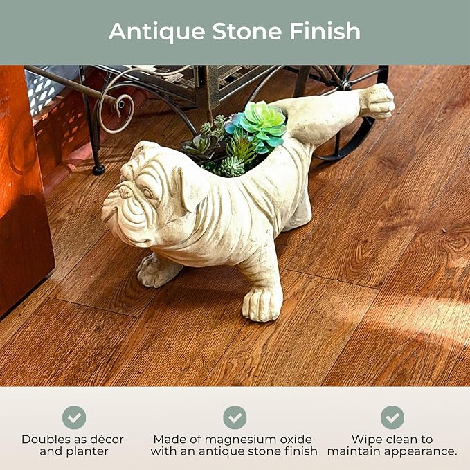 Zeckos Bulldog Planter, Antique Stone Finish Magnesium Oxide Freestanding Dog Planter, 11 Inch Tall Decorative MGO Animal Planter with Drain Hole for Indoor Display and Decor