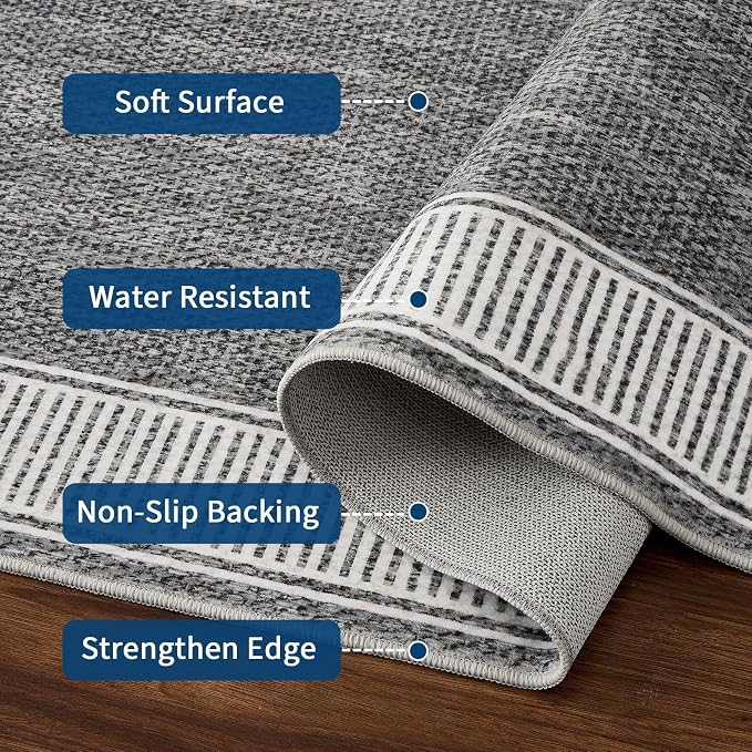 Garvee Large Washable Rug 9x12 Modern Bordered Living Room Rug Grey | Non Slip Soft Foldable Indoor Carpet Stain-Resistant Low Pile Floor Cover for Bedroom Nursery Office Dorm Kids Room Playroom