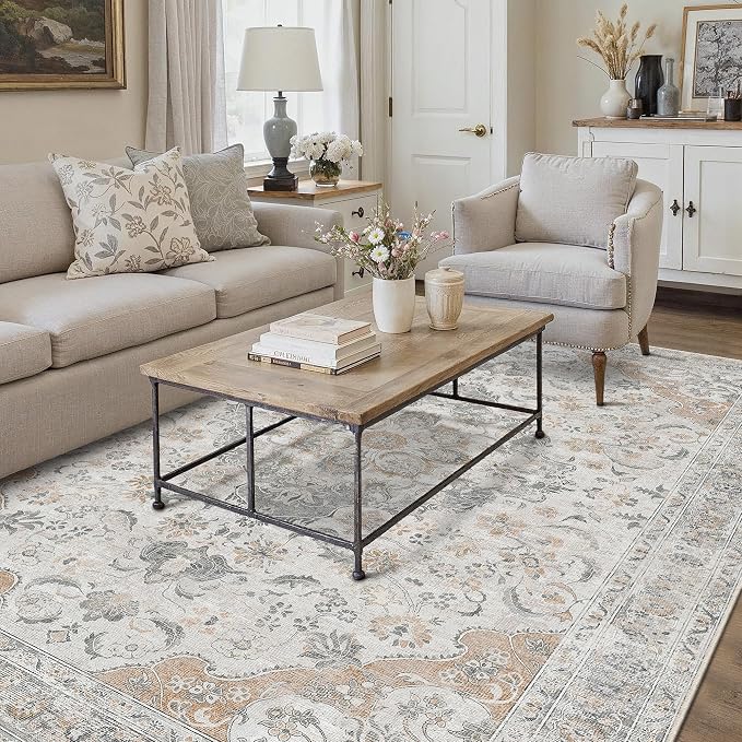 Taupe Area Rug 3x5 Entryway Vintage Floral Non-Slip Carpet | Machine Washable, Soft, Low Pile, for Bedroom, Dining Room, Kids Room, Nursery, Office, Retro Neutral Decor