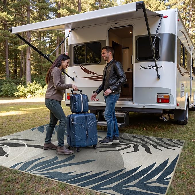 GENIMO Outdoor & Indoor Area Rug 4'x6', Waterproof, Non-Shedding, Easy Cleaning, Leaf Mat for Patio, Living Room, Balcony, Dining Room, RV, Deck, Bedroom, Camping, Outside Carpet, Blue Grey