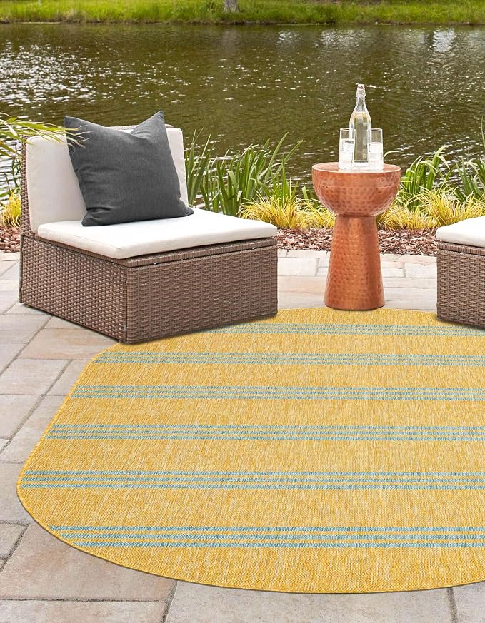 Unique Loom Outdoor Collection Area Rug - Anguilla (7' 10" x 10' Oval, Yellow and Aqua/Light Blue)