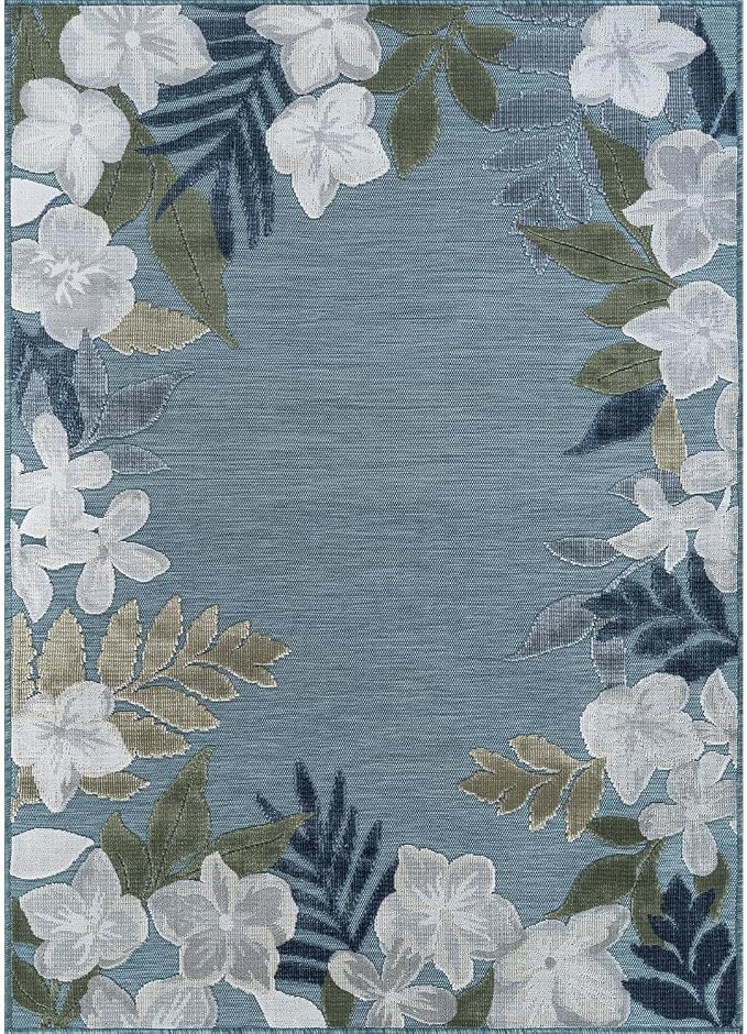 Outdoor Rug 6x9 Washable Area Rugs Indoor Outdoor Carpets Aqua Border Floral Non Shedding Waterproof Easy Clean Patio Deck Porch Living Room Bedroom Garden RV (6 X 9 Aqua)
