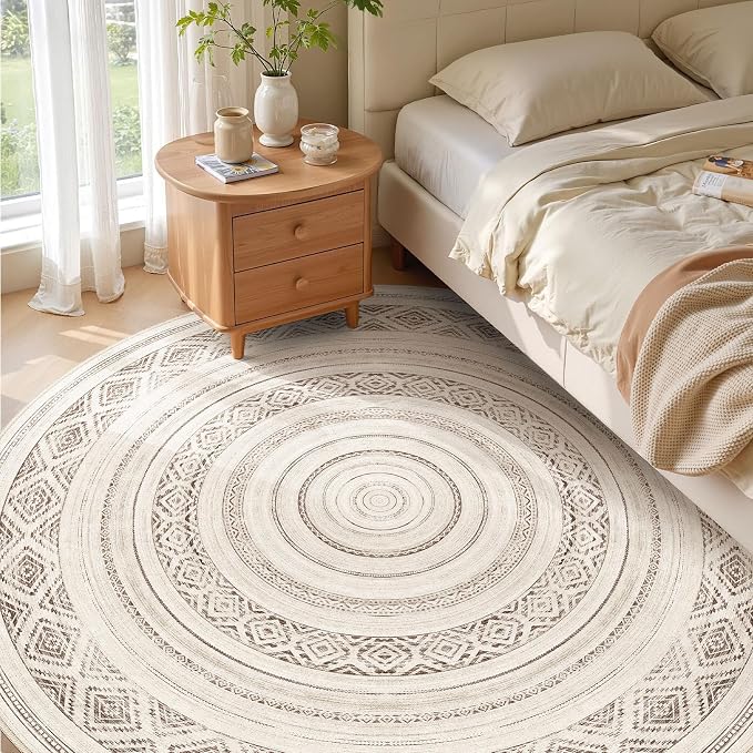 cotiled 8x8 Round Rug 8ft Circle Living Room Boho Area Rugs | Solve Modern Neutral Trendy Home Decor - Washable Foldable Indoor Carpet for Bedroom Home Office Dark Brown