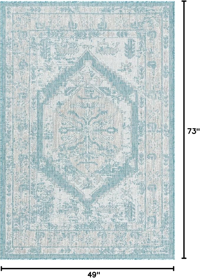 Unique Loom Outdoor Traditional Collection Area Rug - Valeria (4' 1" x 6' 1" Rectangle, Aqua/ Ivory)