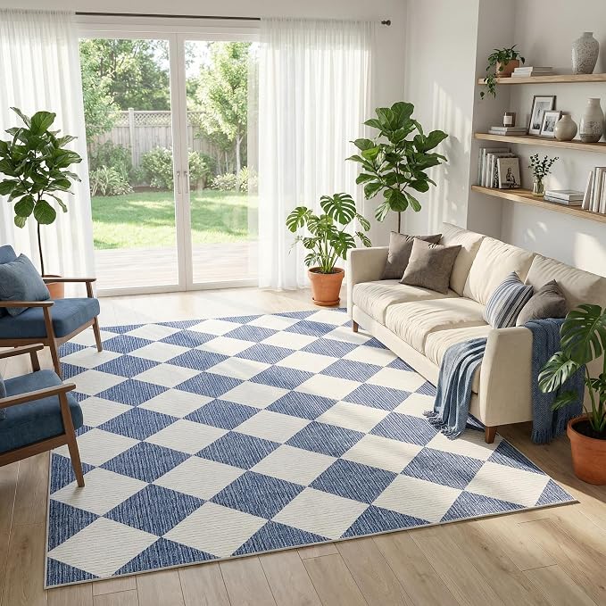 GarveeHome 3x5 Checkered Area Rug Non Slip Washable Entryway Bedroom Rug | Modern Geometric Plaid Navy Blue Carpet Classic Throw Mat for Kitchen Bedside Kids Room Office Dining Room