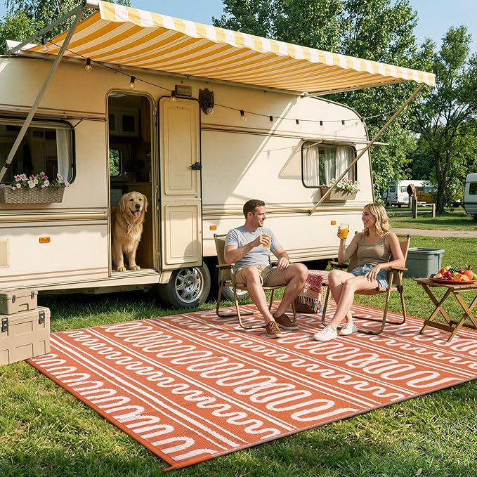 Beeiva Boho Outdoor Rug 8x10 Waterproof for Patio, Reversible Plastic Straw Rug for RV Camping, Deck, Balcony, Backyard, Orange