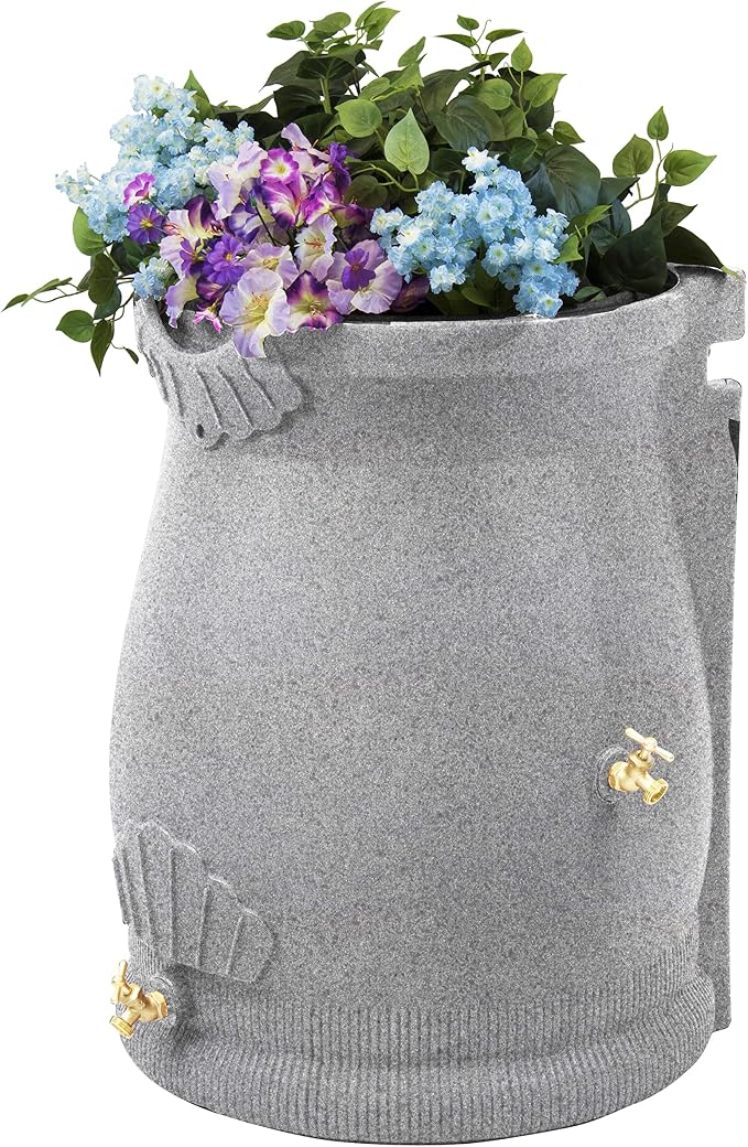 Good Ideas Rain Saver 50 Gallon Urn Shaped Self Draining Wizard Barrel Water Storage with Planter Space and 2 Brass Spigots, Light Granite
