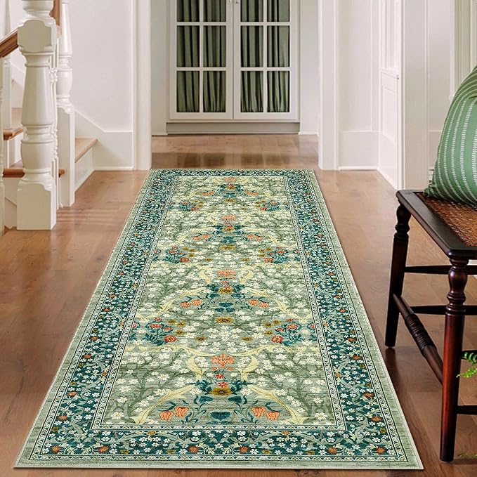 GarveeHome Sage Green Floral 2x6 Washable Kitchen Runner Rug | Vintage Stain Resistant Rugs for Entryway Hallway Bedroom Bathroom Low-Pile Non-Slip Soft Botanical Boho Rug TPE Backing